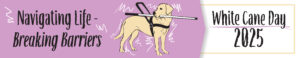Purple banner with a white cane in a service dogs' mouth